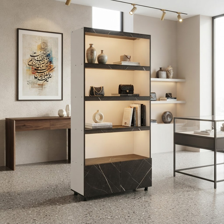 عرض ۸۰ عمق ۳۰ ارتفاع ۱۹۰ چهار طبقه لامپ دار LED دو باکس پایین مشکی طرح سنگ پایه های قابل تنظیم